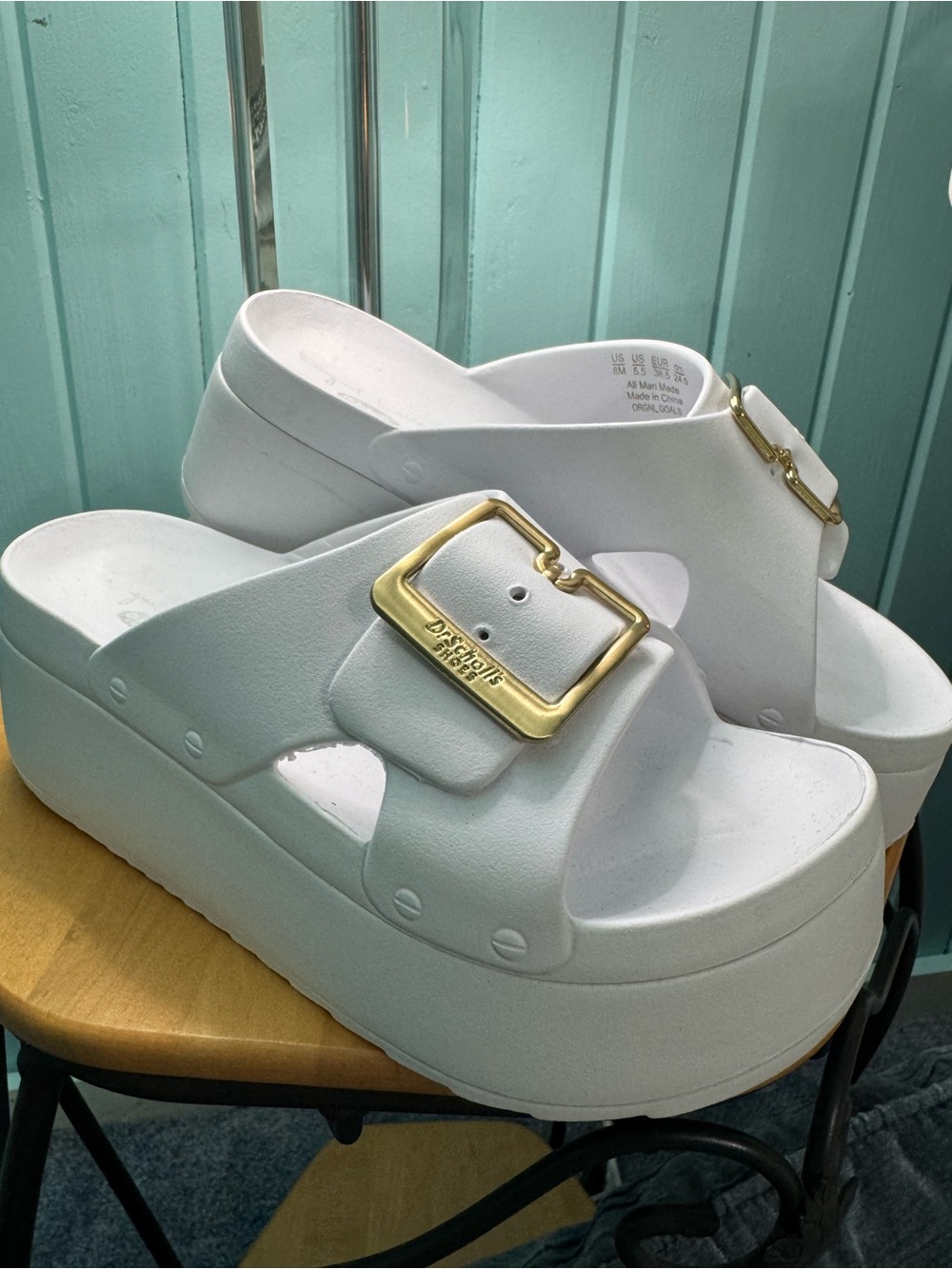 Dr. Scholl's White Platform Slide Sandals with Gold Buckles